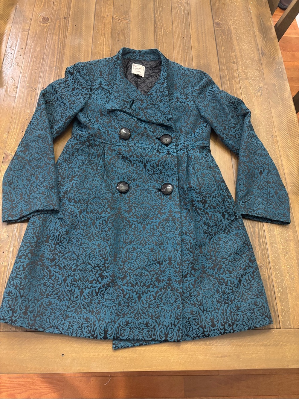 Nanette Lepore Y2K Vintage Brushstroke Brocade Coat in Teal and Black